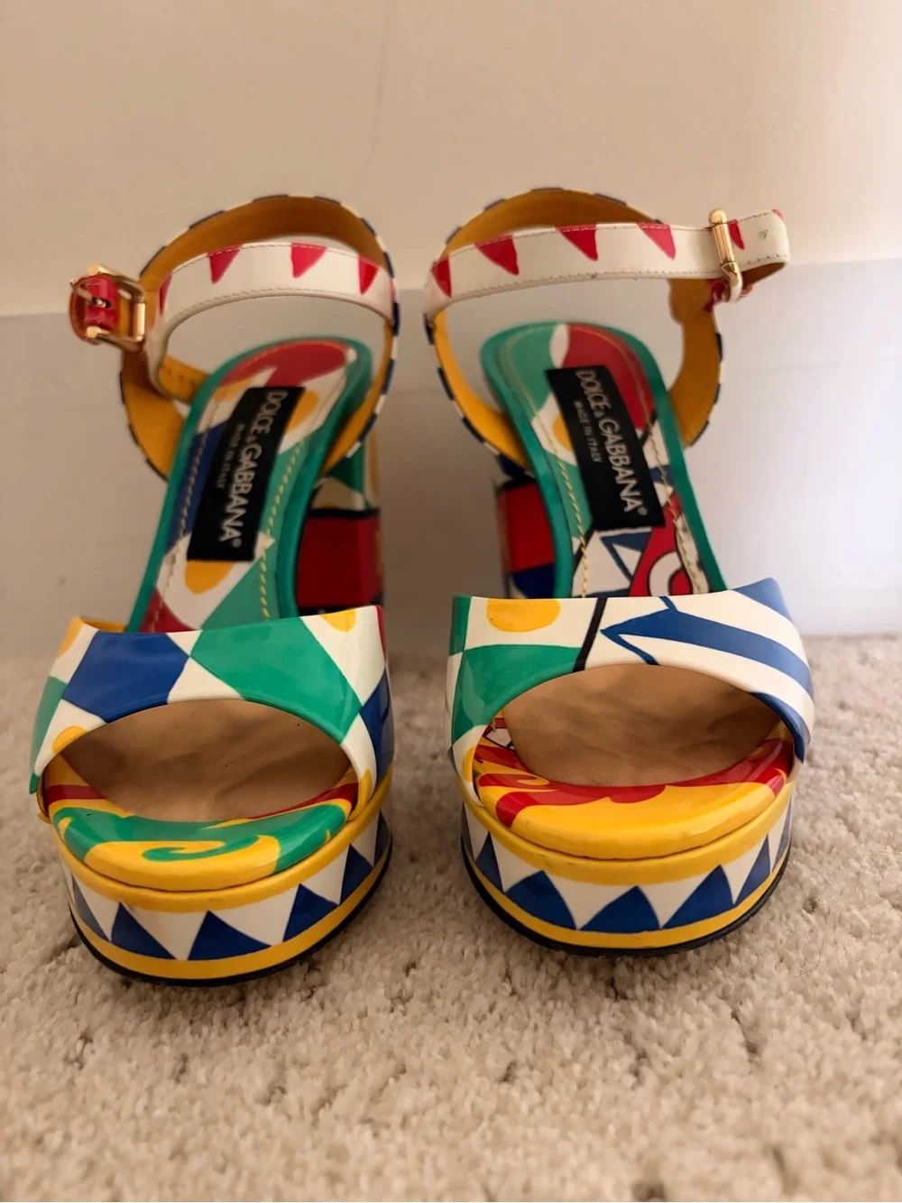 Dolce & Gabbana White Multicolor Geometric Platform Sandals